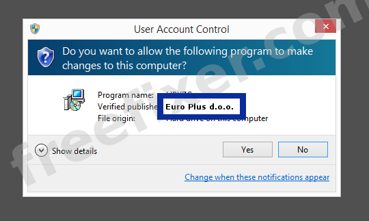Screenshot where Euro Plus d.o.o. appears as the verified publisher in the UAC dialog